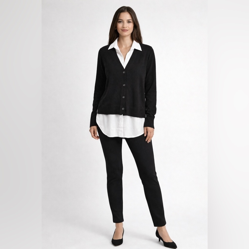 C by Bloomingdale’s Cashmere Layered Shirt Cardigan XL Black White NWT - Picture 10 of 11